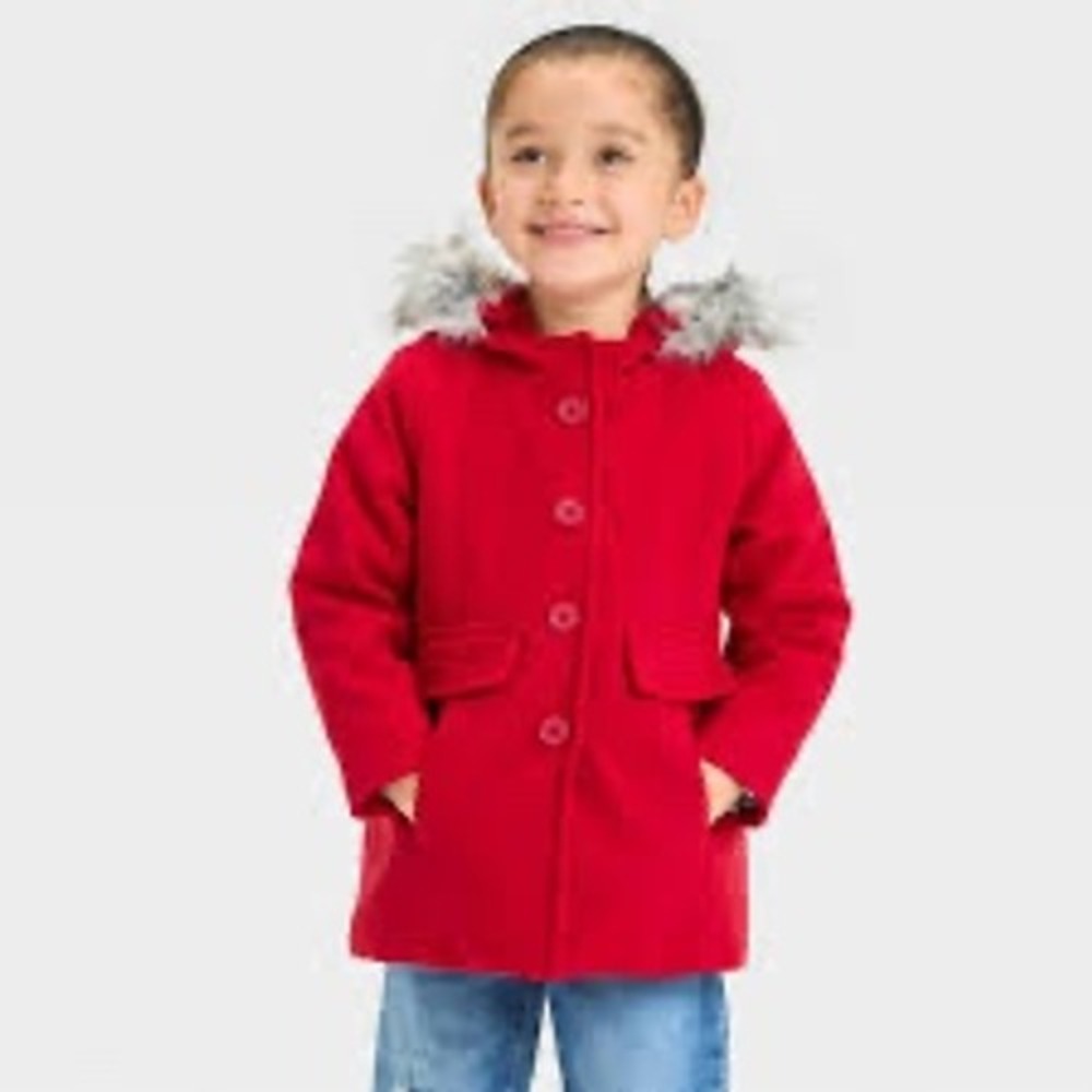 Cat & Jack Toddler Girls Red Faux Fur Hooded Pea Coat Jacket 3T